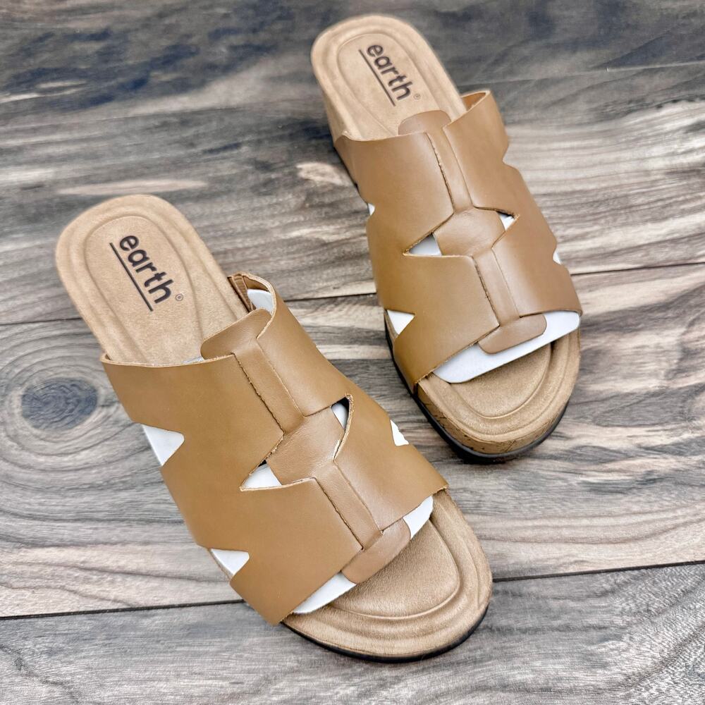 NIB Earth Willow 9M Leather Comfort Cork Wedge Slide Sandals Medium Brown - Picture 2 of 10